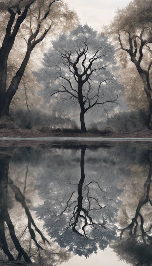一棵灰色的樹，它的倒影完美地倒映在寧靜的池塘裡。