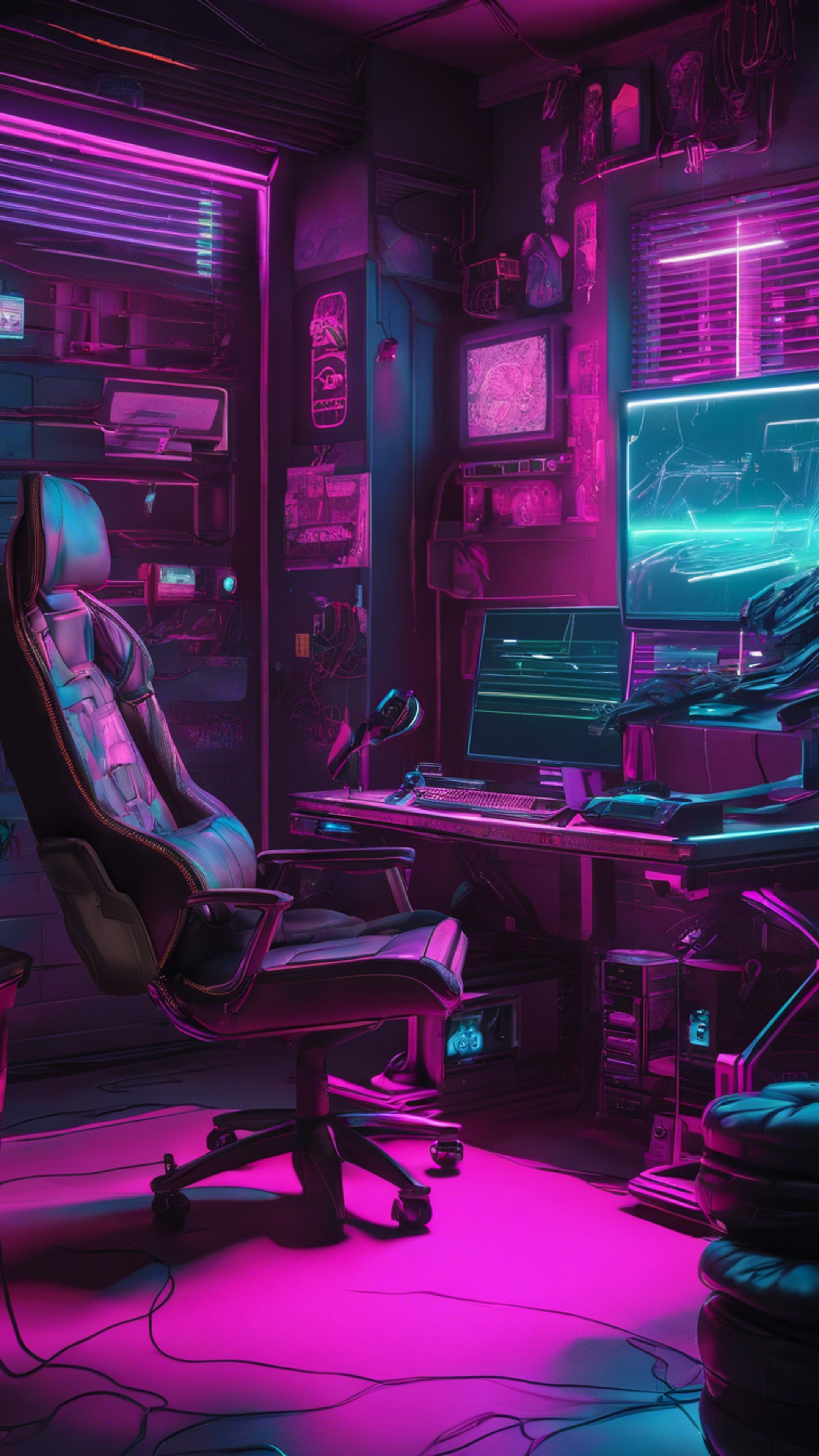 A dimly lit gaming room with black decorative elements including a gaming chair, desk, computer, and multiple monitors. วอลล์เปเปอร์[a03b1682102f4dafa767]