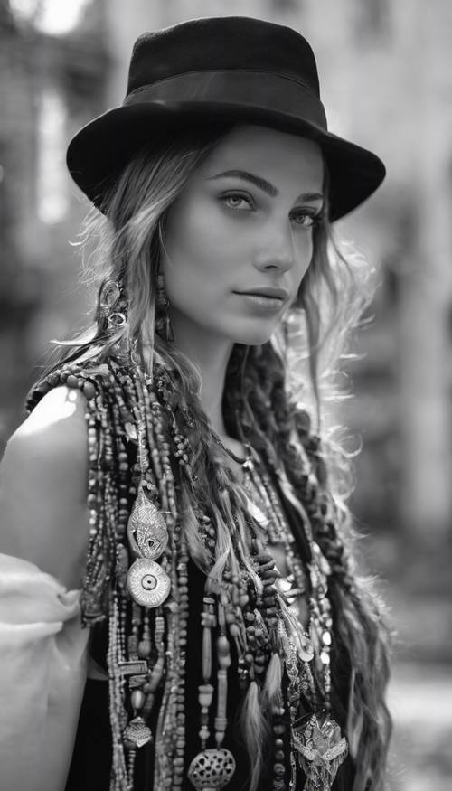 Young woman with boho style accessories, all in black and white. Tapet [858366145cb34e96a273]