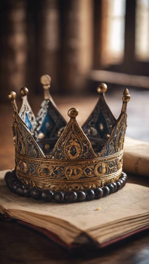 Uma coroa de rei medieval com detalhes intrincados, entre antigos pergaminhos.