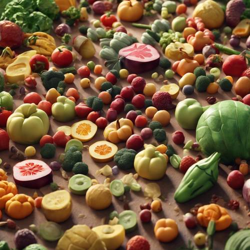 Illustration d&#39;une scène de bataille entièrement composée de fruits et légumes.