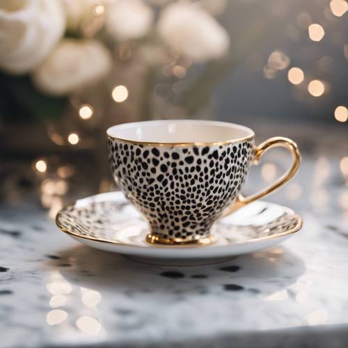 Satu set cangkir teh dan piring mungil dengan pola motif cheetah hitam yang halus.