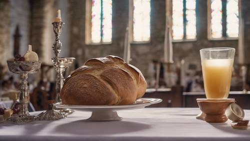 Roti dan jus anggur siap untuk kebaktian persekutuan di gereja yang sederhana.