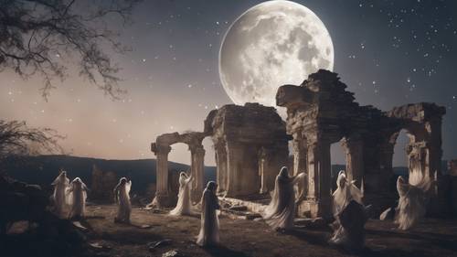 Rój półprzezroczystych, eterycznych duchów tańczących wokół ruin oświetlonych srebrnym półksiężycem.