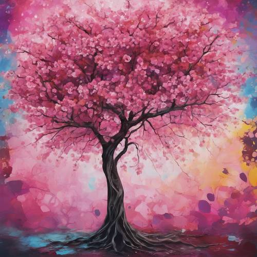 一棵深色的樱花树画在抽象、色彩鲜艳的背景上。