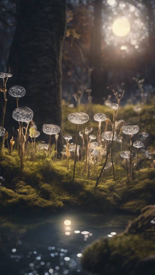 A cozy forest glade bathed by the soft light of a full moon, where luminous fairies gather in the heart of it.
