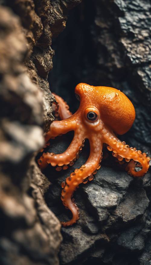Một con bạch tuộc màu cam, ẩn mình trong một kẽ hở nhỏ bằng đá đen, trông có vẻ tò mò.
