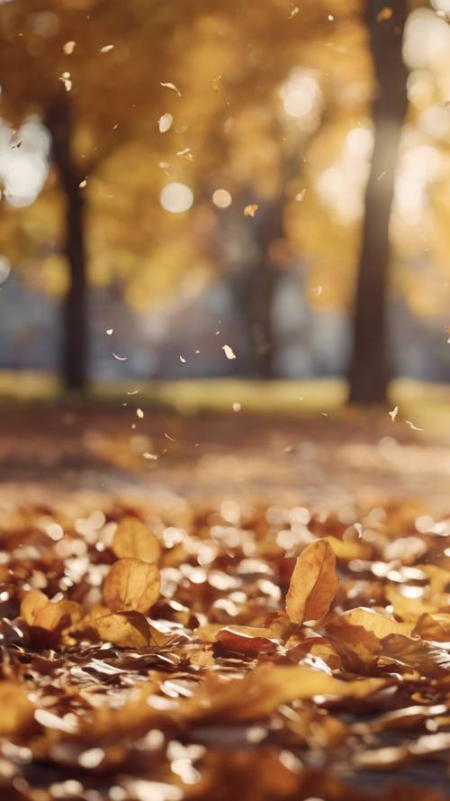 A city park scene depicting playful autumn leaves twirling in a morning breeze.