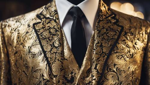 A suit jacket, carefully crafted from gold damask material. Tapet [b0c069f1f24949ca807d]