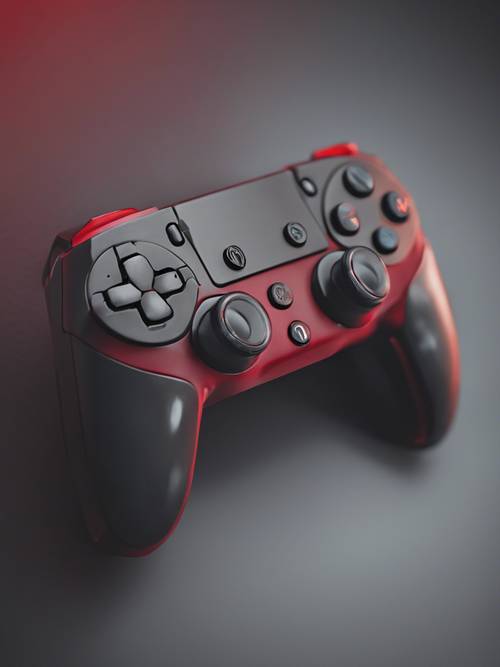 A dark red stylized icon of a gaming controller set against a cool grey setting.