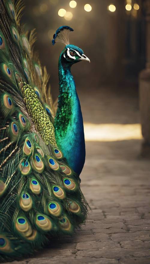 Um retrato de um pavão verde majestoso com suas penas brilhando sob o luar.