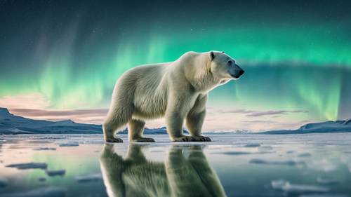 iPhone XS Max refletindo um majestoso urso polar em um campo de gelo sob a aurora boreal.