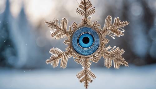 A dazzling evil eye snowflake with intricate patterns hanging against a backdrop of snowy landscape.