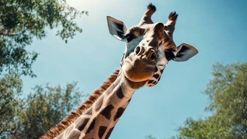 Uma imagem de um ângulo abaixo mostrando a imponente magnificência de uma girafa contra um céu azul claro.
