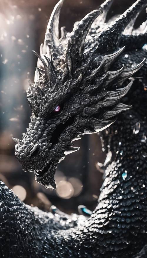 Enigmático dragón negro enrollado alrededor de un cristal mágico de color blanco brillante.