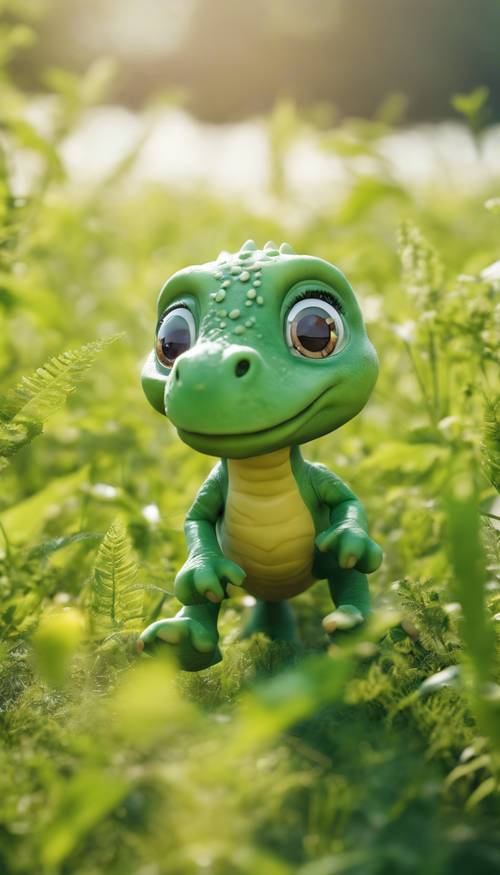큰 눈을 가진 귀여운 녹색 아기 공룡이 햇볕이 잘 드는 초원에서 놀고 있습니다.