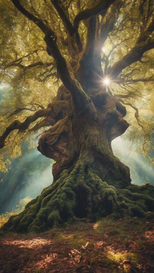 עץ עתיק ומרהיב ביער הקסום שזוהר בבהירות, שופע אנרגיה מיסטית.
