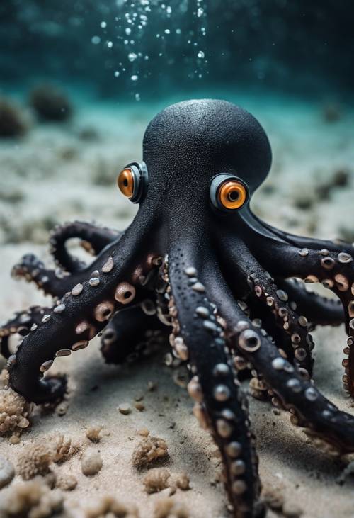 Seekor gurita hitam duduk di helm penyelam di bawah laut.