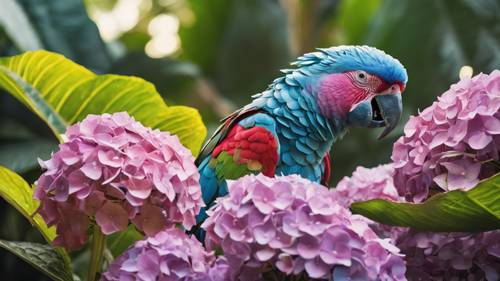 Una serie di fioriture di ortensie che fanno da sfondo tropicale a un vivace pappagallo illuminato dal sole.