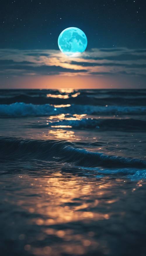 An ocean scene with waves reflecting the neon blue moonlight