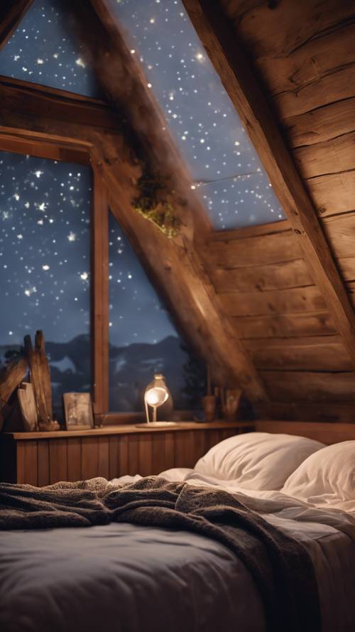 Eine friedliche Schlafenszeitszene in einem gemütlichen, rustikalen Schlafzimmer mit einem flauschigen Bett unter einer Dachschräge, einer sanft beleuchteten Nachttischlampe und einem Holzfenster, das den Blick auf eine sternenklare Nacht freigibt.
