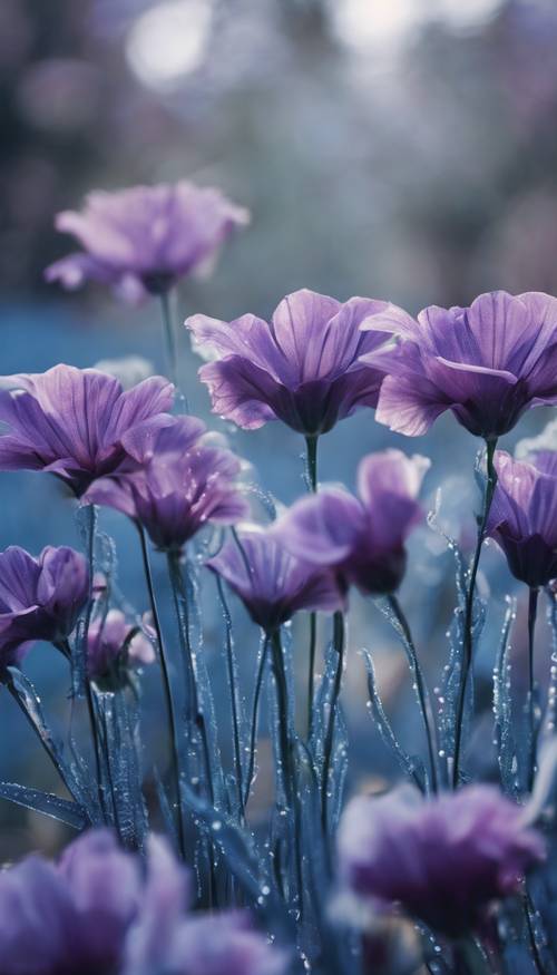 盛开的装饰艺术花朵，呈现蓝色和紫色的冷色调。