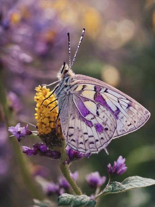 세밀한 보라색과 노란색 날개가 피어 있는 꽃 위에 쉬고 있는 아름다운 나비입니다.