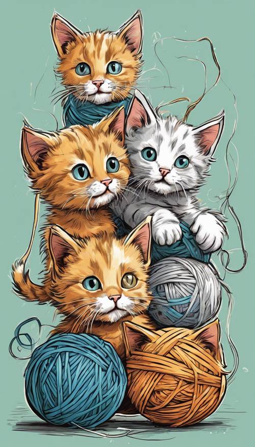 Uno schizzo di un gruppo di adorabili gattini dei cartoni animati che giocano con un gomitolo di lana.