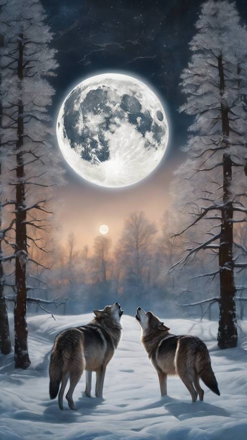 Urzekający obraz przedstawiający noc pełni księżyca z wyciem wilków w śnieżnym krajobrazie.
