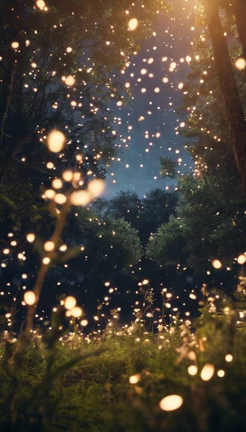 Un luminoso giardino botanico in una notte estiva stellata, lucciole luminose che riempiono l&#39;aria