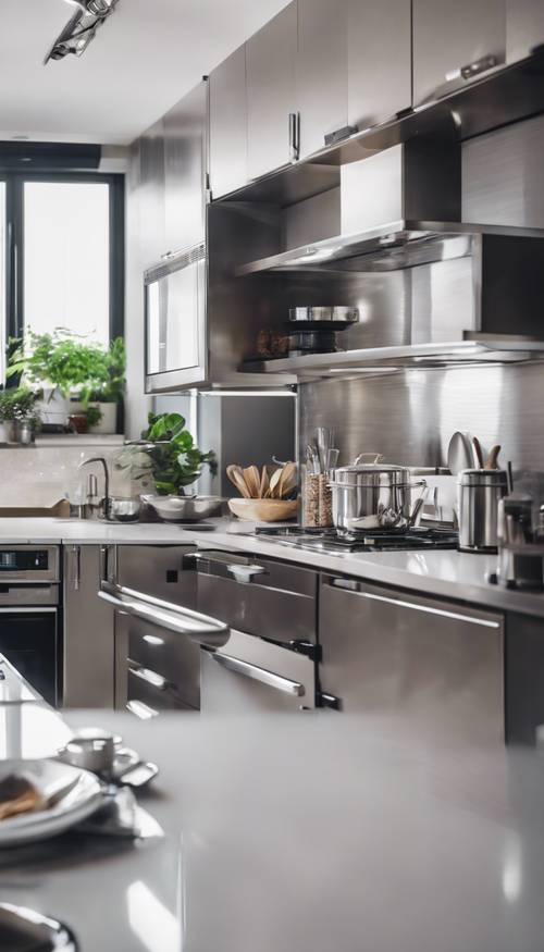 Metalik aletler ve parlak gümüş yüzeylerle modern bir mutfak