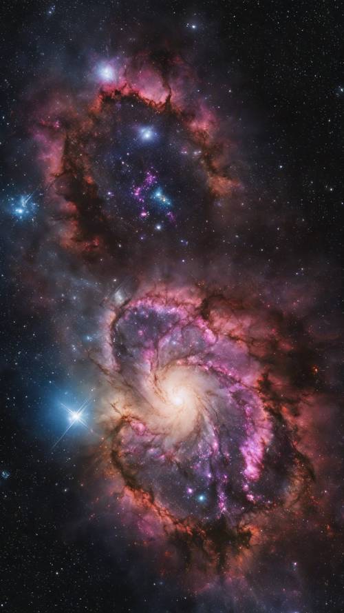 Một thiên hà đen khổng lồ chứa đầy những tinh vân lấp lánh, nhiều màu sắc và vô số ngôi sao được nhìn thấy từ xa.
