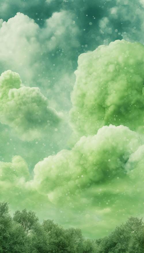 ייצוג בצבעי מים ירוק אבוקדו רך של שמיים מעוננים.