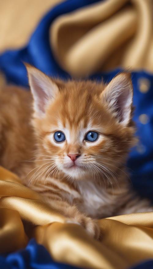 A small ginger kitten lounging on a golden satin pillow with royal blue background