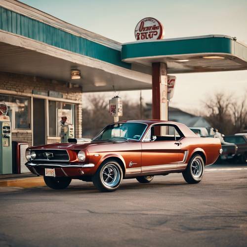 Ford Mustang klasik yang disayangi dan kondisi mint dengan latar belakang pompa bensin antik di kota kecil di barat tengah