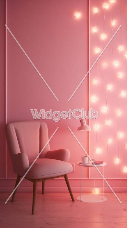 Gemütliches rosa Zimmer mit Stuhl und Lichtern