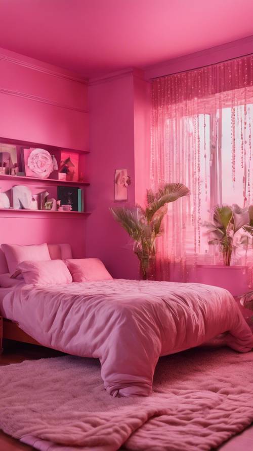 Pembe duvarlar, lav lambaları ve boncuklu perdelerle Y2K tarzı bir yatak odası.