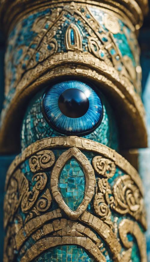 An ornate mosaic of an evil eye on an ancient column, in a blend of vivid blue, sea green, and gold.