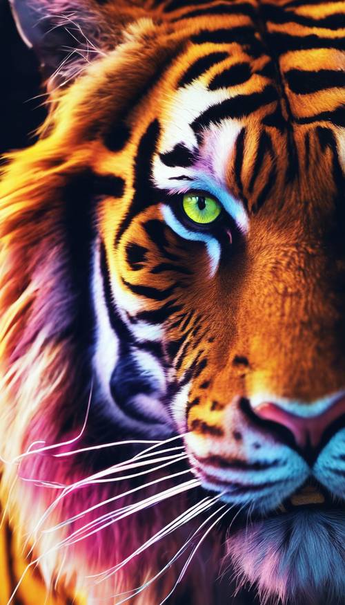 Tampilan jarak dekat dari harimau neon, dengan fokus pada matanya yang bercahaya.