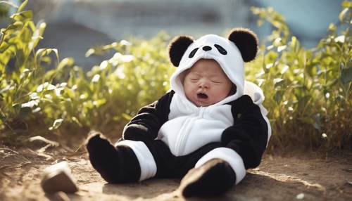 Un bebé somnoliento con un mono con temática de panda bostezando en una tarde soleada.