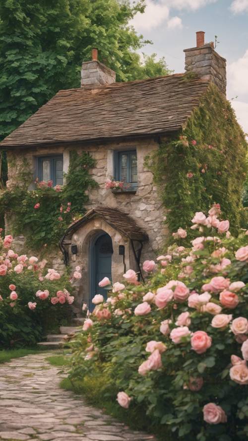 A charming stone cottage surrounded by a lush garden filled with blooming roses.