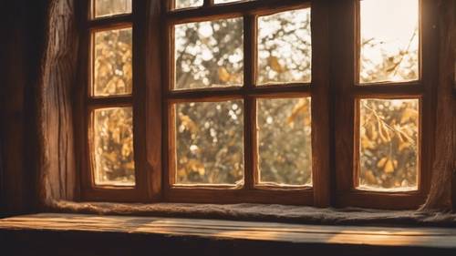 Ein klassisches Holzfenster in einem rustikalen Cottage, durch das die goldenen Strahlen der Morgendämmerung hereindringen.