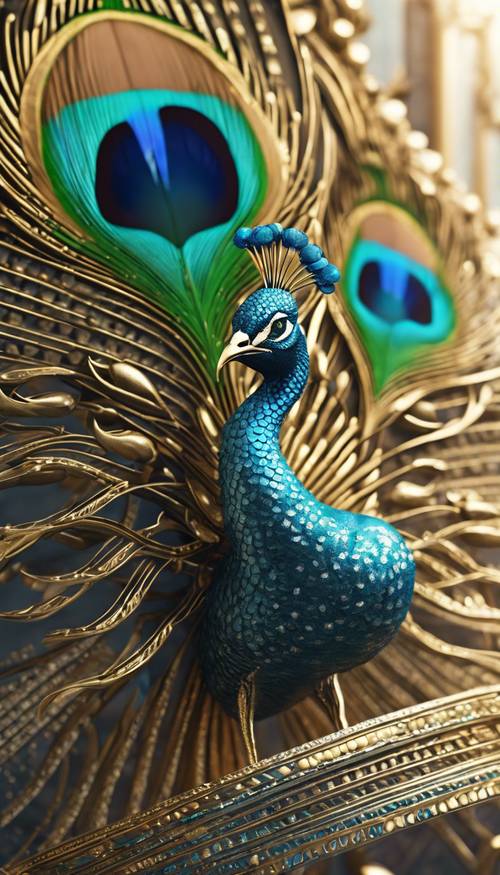 Elegante pavo real detallado en un lujoso diseño Art Déco con detalles en oro y turquesa.