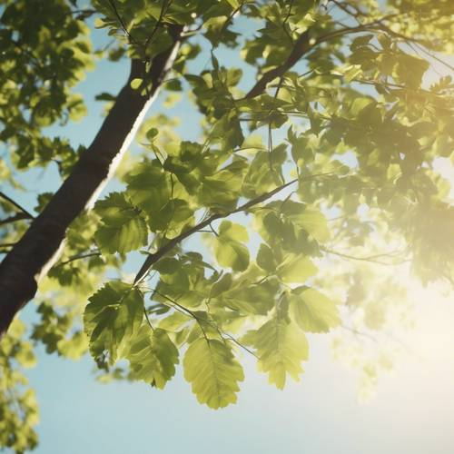 Оживленное дерево с покачивающимися лиственными ветвями, словно играющее гармоничную мелодию в прекрасный солнечный день.