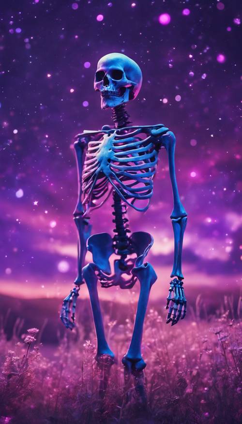 Un squelette bleuâtre brillant au milieu d’un paysage violet romantique avec des étoiles scintillantes.