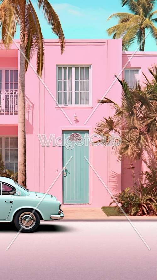Casa rosa brillante y exterior del coche azul