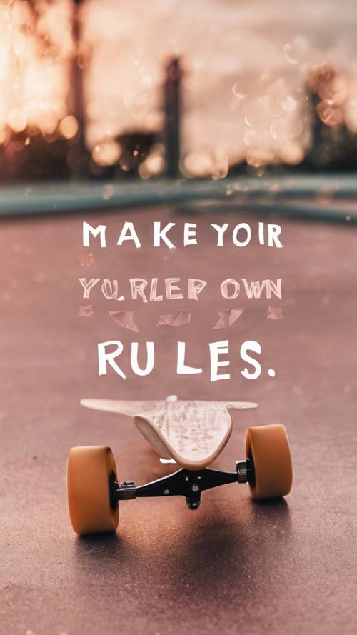 Abenteuerliches Roségold-Zitat „Make Your Own Rules“ auf einem Skateboard-Hintergrund.