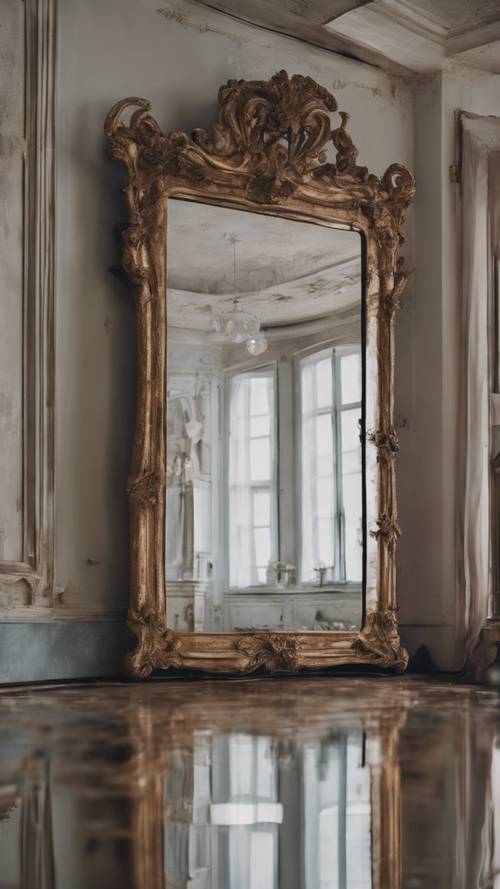 Scène mélancolique d’un miroir fané reflétant un manoir pittoresque vieillissant.
