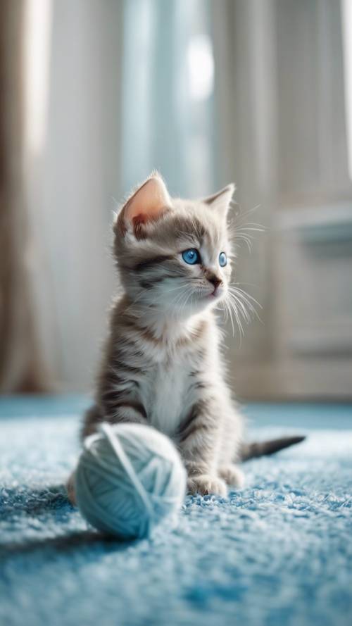 قطة صغيرة ذات عيون زرقاء تلعب بكرة غزل على سجادة زرقاء اللون