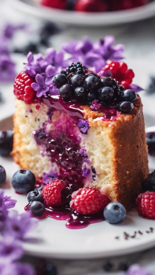 A delicious berry drizzle cake decorated with purple flowers on a white porcelain plate.